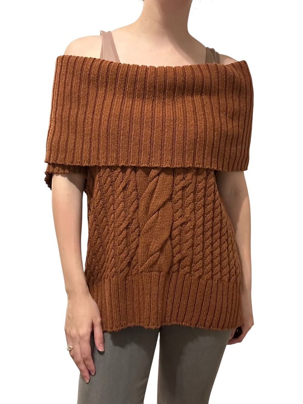St. John Cable Knit Sweater Top Wool Brown Short Sleeve Luxury Fall Size Small